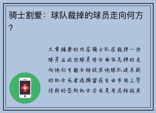 骑士割爱：球队裁掉的球员走向何方？